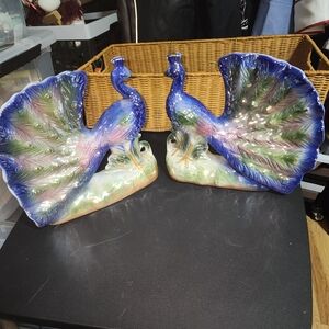 VINTAGE LUSTERWARE GUC SET OF 2 LARGE IRIDESCENT PEACOCKS 9" CERAMIC FIGURINE